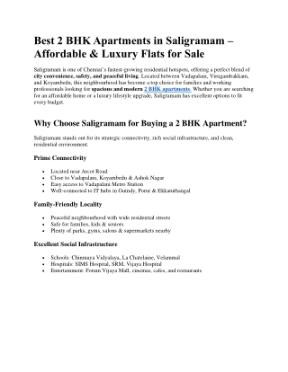 Best 2 BHK Apartments in Saligramam