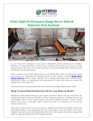 Order High-Performance Range Rover Hybrid Batteries New Zealand