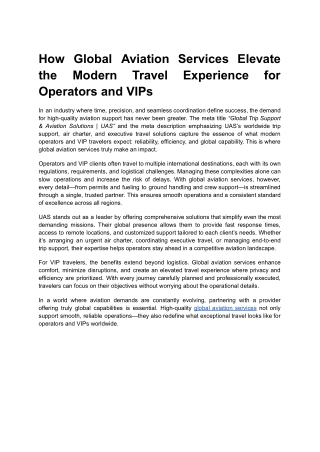 How Global Aviation Services Elevate the Modern Travel Experience for Operators and VIPs