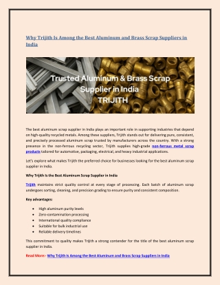 Why Trijith Is Among the Best Aluminum and Brass Scrap Suppliers in India