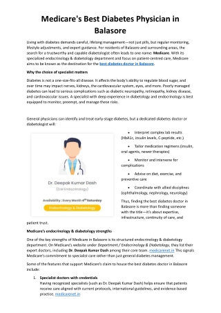 Medicare's Best Diabetes Physician in Balasore