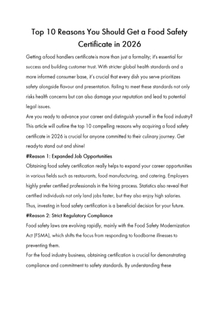 Top 10 Reasons You Should Get a Food Safety Certificate in 2026