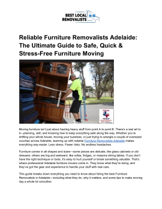 Reliable Furniture Removalists Adelaide – Safe, Fast & Stress-Free Moving Guide