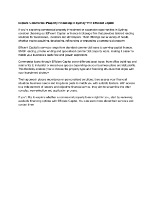 Explore Commercial Property Financing in Sydney with Efficient Capital