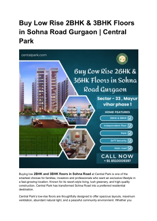 Buy Low Rise 2BHK & 3BHK Floors in Sohna Road Gurgaon | Central Park