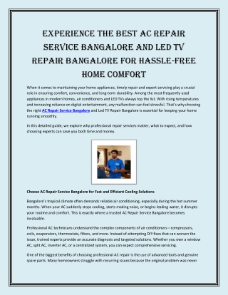 Experience the Best AC Repair Service Bangalore and Led TV Repair Bangalore for Hassle-Free Home Comfort