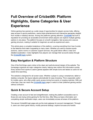 Full Overview of Cricbet99: Platform Highlights, Game Categories & User Experien