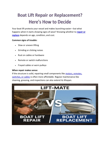 Boat Lift Repair vs. Replacement: Key Considerations
