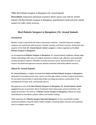 Best Robotic Surgeon in Bangalore | Dr. Anand Subash – Robotic Surgery Expert