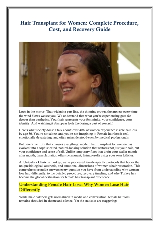 Hair Transplant for Women Complete Procedure, Cost, and Recovery Guide