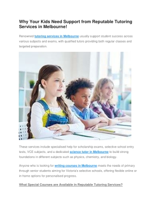 Why Your Kids Need Support from Reputable Tutoring Services in Melbourne