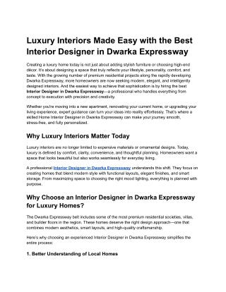 Luxury Interiors Made Easy with the Best Interior Designer in Dwarka Expressway