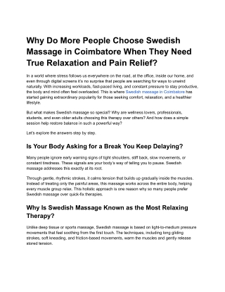 Why Do More People Choose Swedish Massage in Coimbatore When They Need True Relaxation and Pain Relief