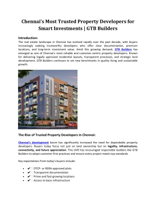 Chennai’s Most Trusted Property Developers for Smart Investments | GTB Builders