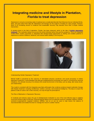 Integrating medicine and lifestyle in Plantation, Florida to treat depression