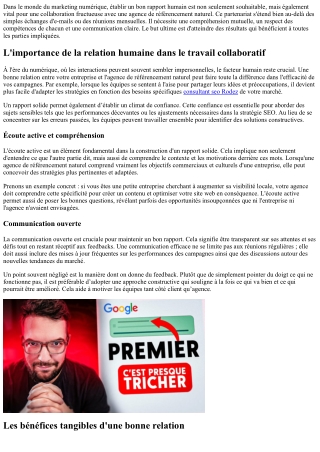 Un bon rapport humain: essentiel pour la collaboration avec l'agence!