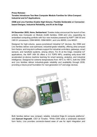 Toradex Introduces Two New Computer Module Families for Ultra-Compact Industrial and IoT Applications