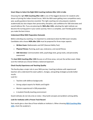 Smart Ways to Select the Right NDA Coaching Institute After 12th in India