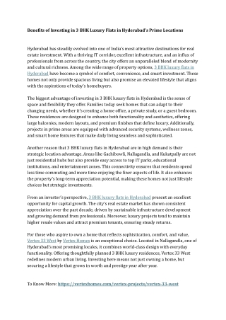 Benefits of Investing in 3 BHK Luxury Flats in Hyderabad’s Prime Locations