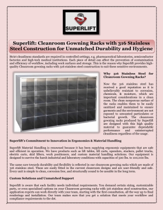 Superlift Cleanroom Gowning Racks with 316 Stainless Steel Construction for Unmatched Durability and Hygiene