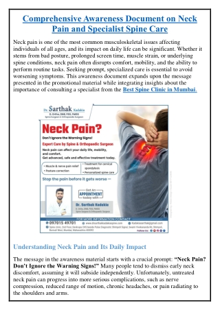 Comprehensive Awareness Document on Neck Pain and Specialist Spine Care