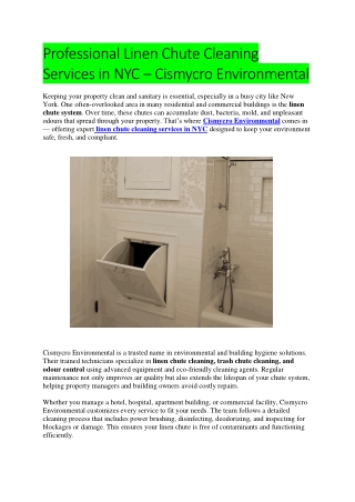 Professional Linen Chute Cleaning Services in NYC