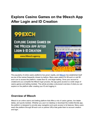 Explore Casino Games on the 99exch App After Login and ID Creation