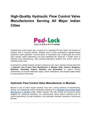 High-Quality Hydraulic Flow Control Valve Manufacturers Serving All Major Indian