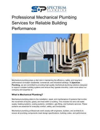 Professional Mechanical Plumbing Services for Reliable Building Performance