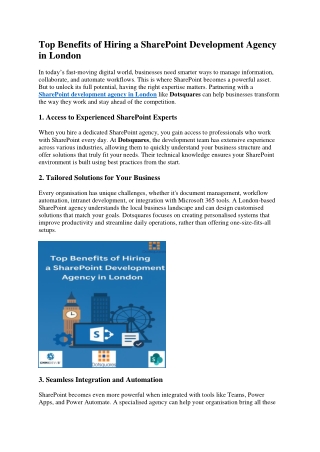 Top Benefits of Hiring a SharePoint Development Agency in London
