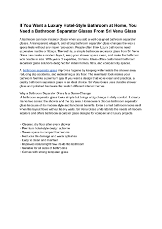 If You Want a Luxury Hotel-Style Bathroom at Home, You Need a Bathroom Separator Glasss From Sri Venu Glass