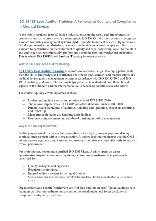 ISO 13485 Lead Auditor Training