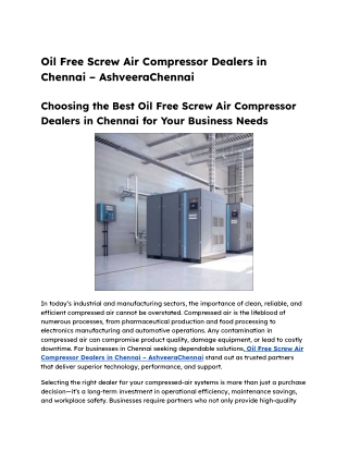 Oil Free Screw Air Compressor Dealers in Chennai - AshveeraChennai
