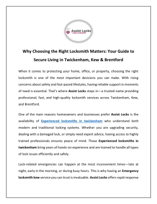 Locksmiths Twickenham | Emergency Locksmiths TW1 TW2 - Assist Locks