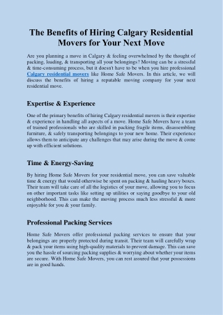 The Benefits of Hiring Calgary Residential Movers for Your Next Move