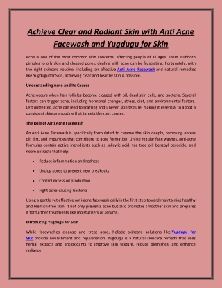 Achieve Clear and Radiant Skin with Anti Acne Facewash and Yugdugu for Skin