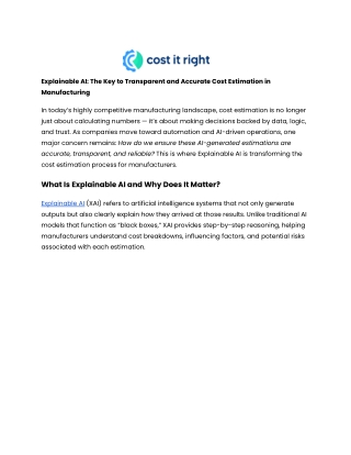 Explainable AI: Transforming Transparency in Modern Manufacturing Costing