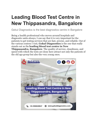 Leading Blood Test Centre in New Thippasandra