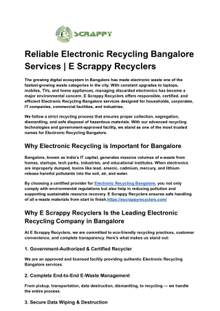 Reliable Electronic Recycling Bangalore Services _ E Scrappy Recyclers.docx