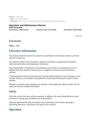 Caterpillar CAT 320C EXCAVATOR (BER00001-UP) Operation and Maintenance Manual Instant Download
