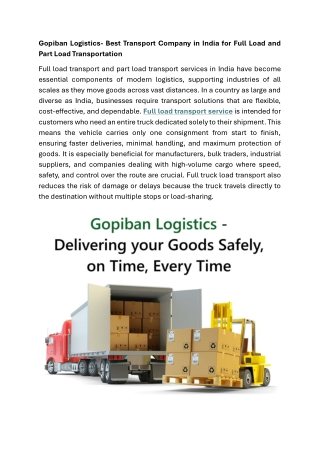 Gopiban Logistics- Best Transport Company in India for Full Load and Part Load Transportation