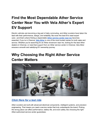 Find the Most Dependable Ather Service Center Near You with Vela Ather’s Expert EV Support