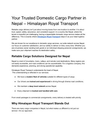 Leading Domestic Cargo Services in Nepal – Himalayan Royal Transport