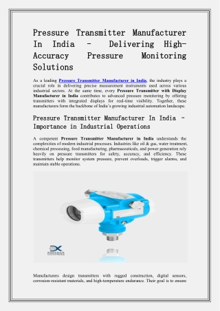 Pressure Transmitter Manufacturer In India – Delivering High-Accuracy Pressure Monitoring Solutions