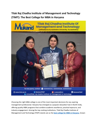 Tilak Raj Chadha Institute of Management and Technology (TIMT) The Best College for MBA in Haryana