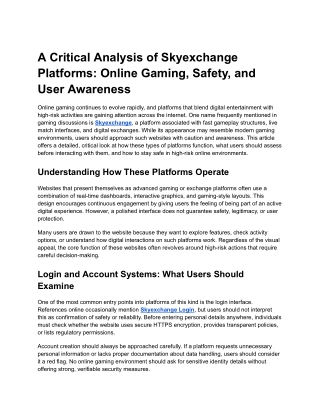 A Critical Analysis of Skyexchange Platforms: Online Gaming, Safety, and User Aw