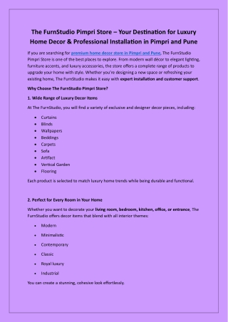 The FurnStudio Pimpri Store – Your Destination for Luxury Home Decor & Professional Installation in Pimpri and Pune