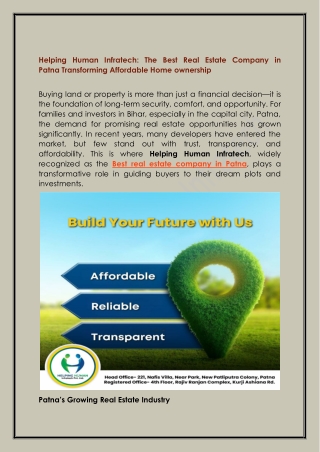 Helping Human Infratech The Best Real Estate Company in Patna Transforming Affordable Home ownership