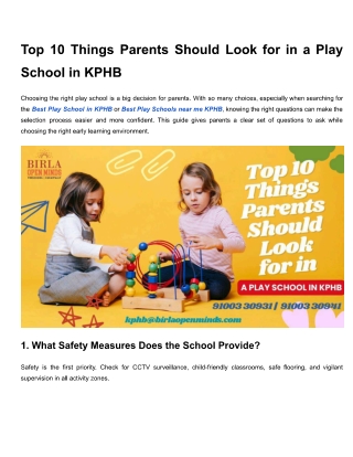 Top 10 Things Parents Should Look for in a Play School in KPHB