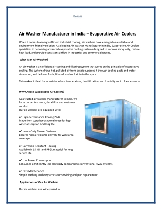 Air Washer Manufacturer in India